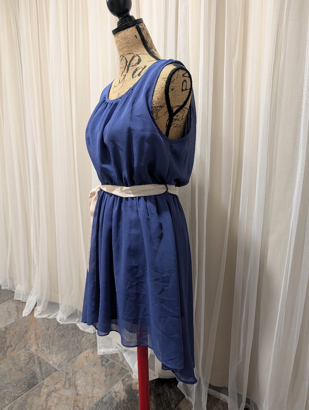 Navy High-Low Chiffon Dress with Cream Tie - Picture 4 of 7